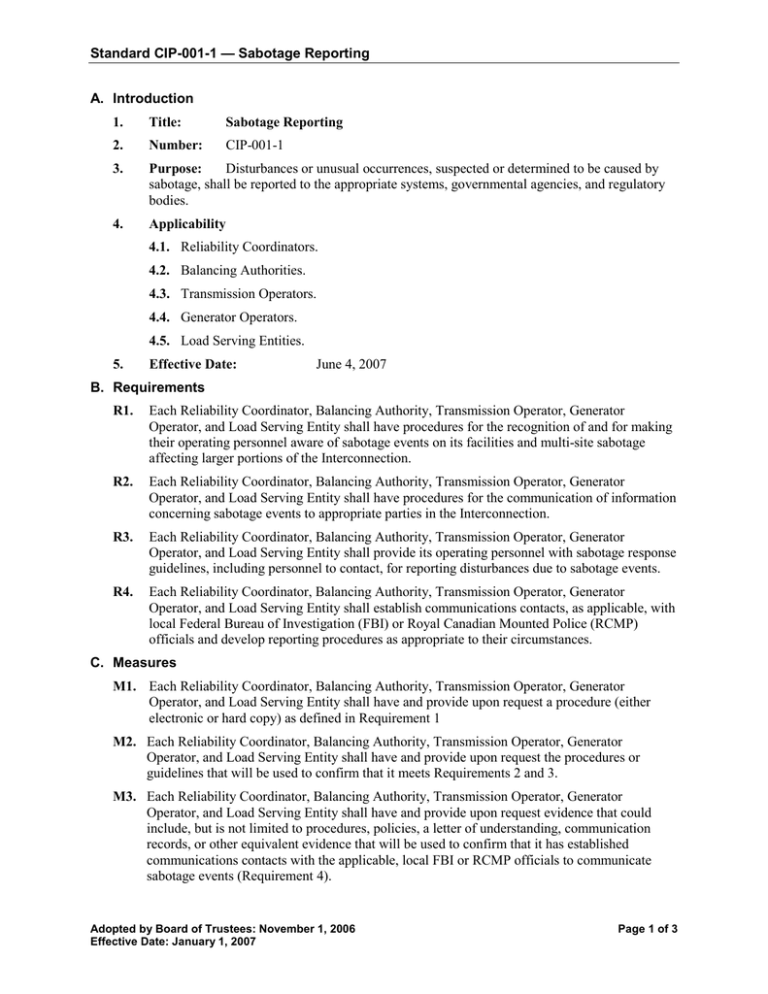 Standard CIP-001-1 — Sabotage Reporting A. Introduction 1. Title: