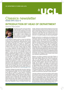Classics newsletter INTRODUCTION BY HEAD OF DEPARTMENT  Gesine Manuwald