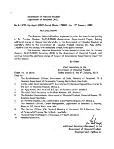 Government of Himachal Pradesh Department of Personnel (A-I). No.1-15/73-Dp-Apptt (2015).Dated