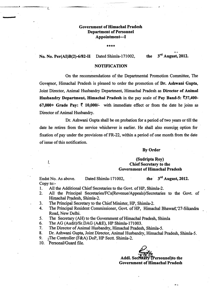 Government of Himachal Pradesh Department of Personnel Appointment-I the