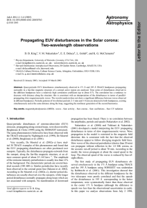 Astronomy Astrophysics Propagating EUV disturbances in the Solar corona: Two-wavelength observations