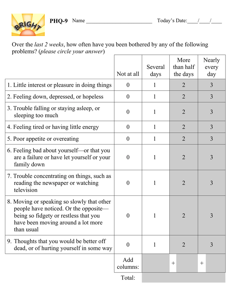 PHQ 9 Last 2 Weeks Please Circle Your Answer More