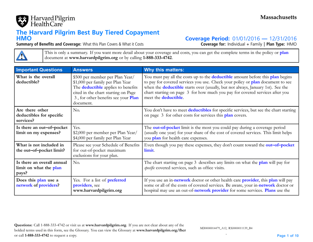 The Harvard Pilgrim Best Buy Tiered Copayment HMO Massachusetts