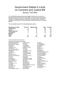 Government Defeat in Lords on Coroners and Justice Bill Monday 13/07/2009