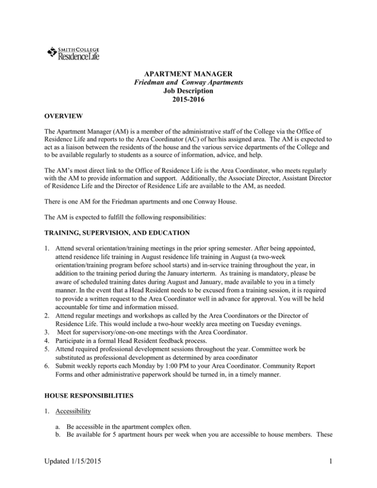 APARTMENT MANAGER Job Description 2015 2016