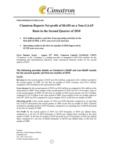 Cimatron Reports Net profit of $0.4M on a Non-GAAP