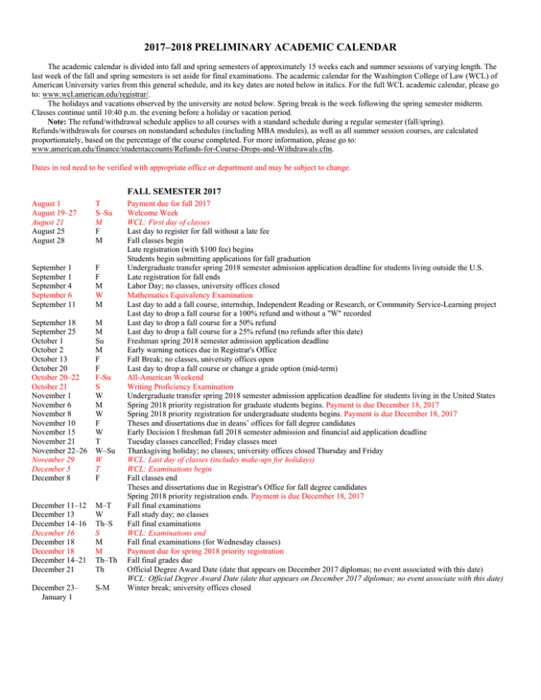 2017 2018 PRELIMINARY ACADEMIC CALENDAR 2017 2018 PRELIMINARY ACADEMIC CALENDAR