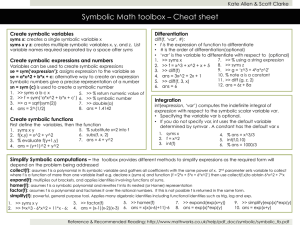 Symbolic Math toolbox – Cheat sheet Create symbolic variables Differentiation