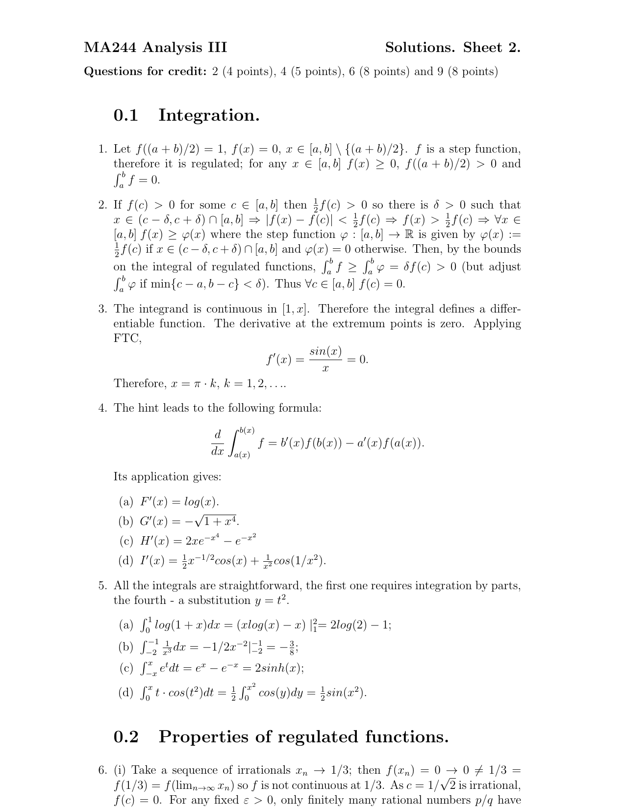 0 1 Integration Ma244 Analysis Iii Solutions Sheet 2