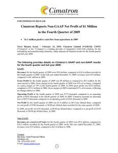 Cimatron Reports Non-GAAP Net Profit of $1 Million