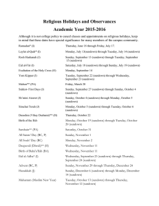 Religious Holidays and Observances Academic Year 2015-2016