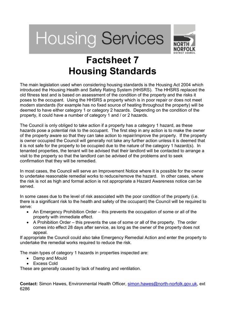 Factsheet 7 Housing Standards