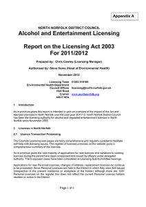Alcohol and Entertainment Licensing  Report on the Licensing Act 2003 For 2011/2012