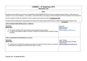 – 07 September 2015 CABINET Decision List