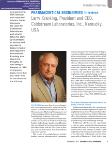 larry Kranking, President and CEO, Coldstream laboratories, Inc., Kentucky, usA PHARMACEUTICAL ENGINEERING