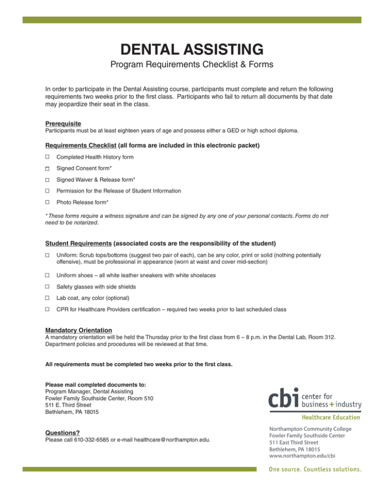 DENTAL ASSISTING Program Requirements Checklist & Forms