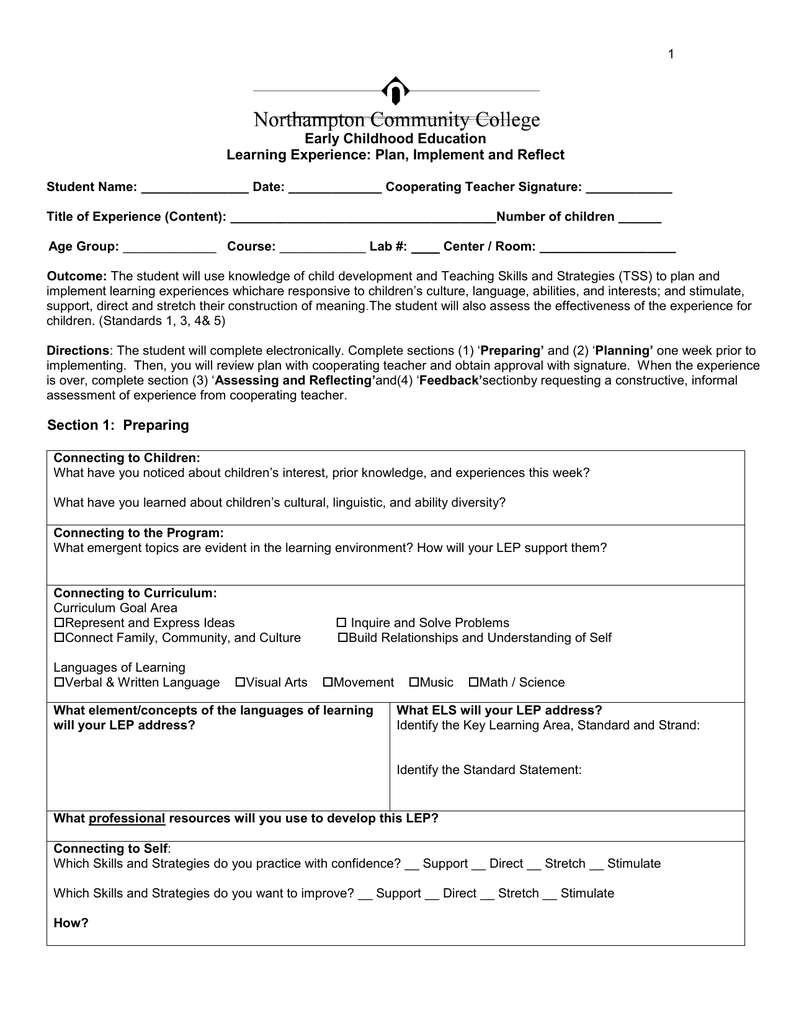 Early Childhood Education Learning Experience Plan Implement And Reflect