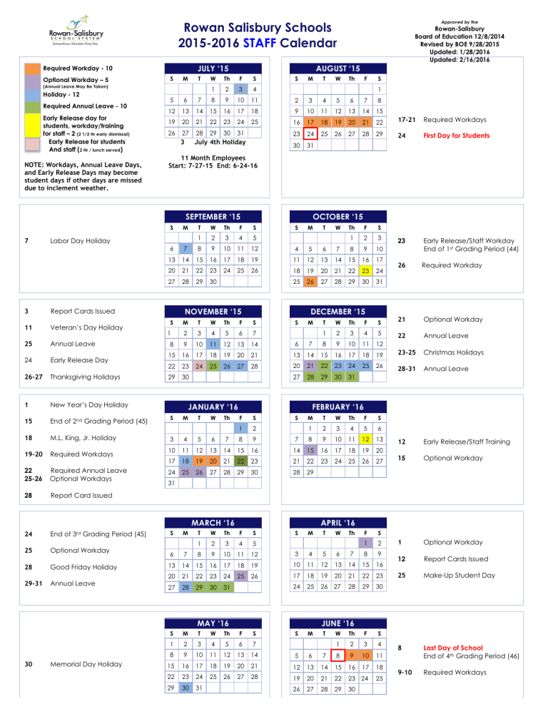 Rowan Salisbury Schools 2015 2016 Calendar STAFF