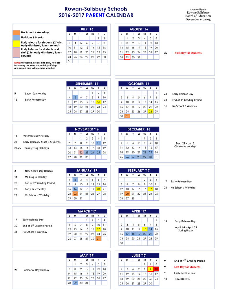 Rowan Salisbury Schools 2016 2017 CALENDAR PARENT
