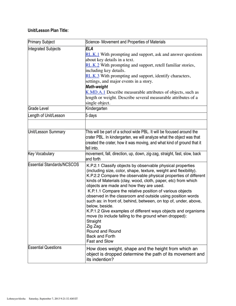Unit Lesson Plan Title Primary Subject Science Movement And