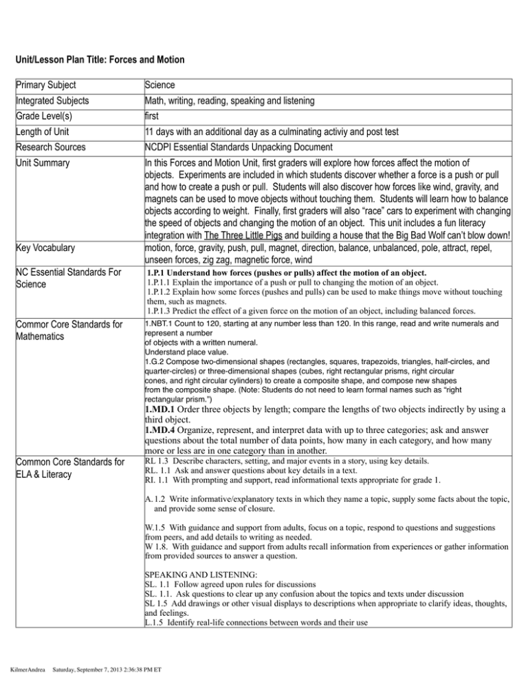 Unit Lesson Plan Title Forces And Motion Primary Subject Science