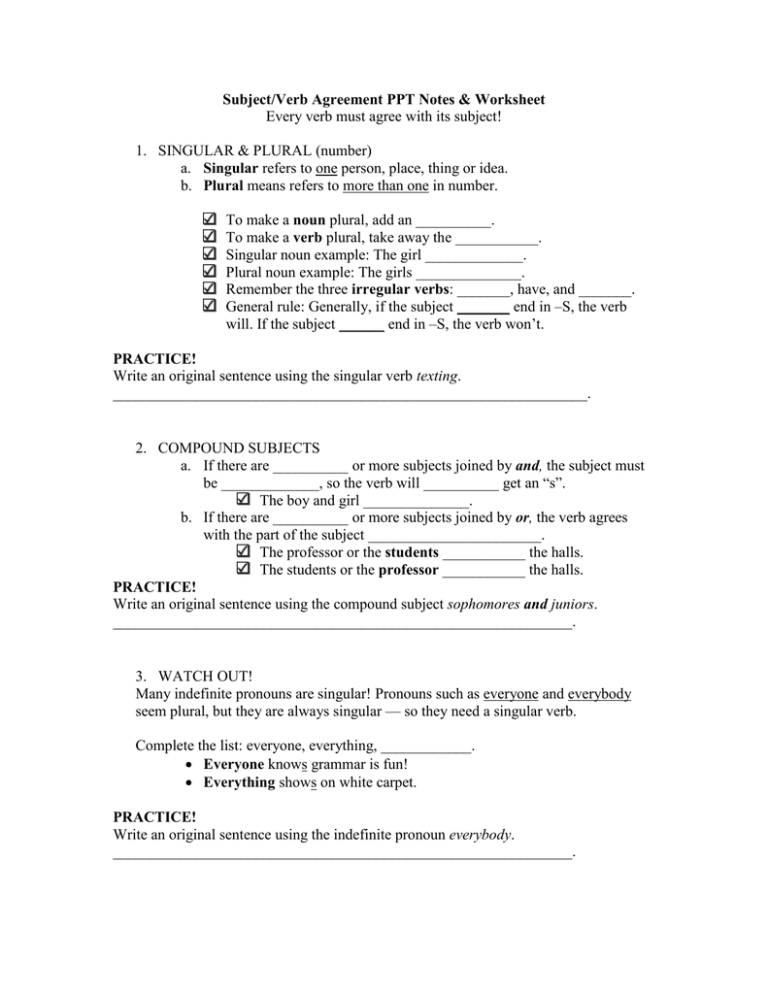 Subject Verb Agreement PPT Notes Worksheet