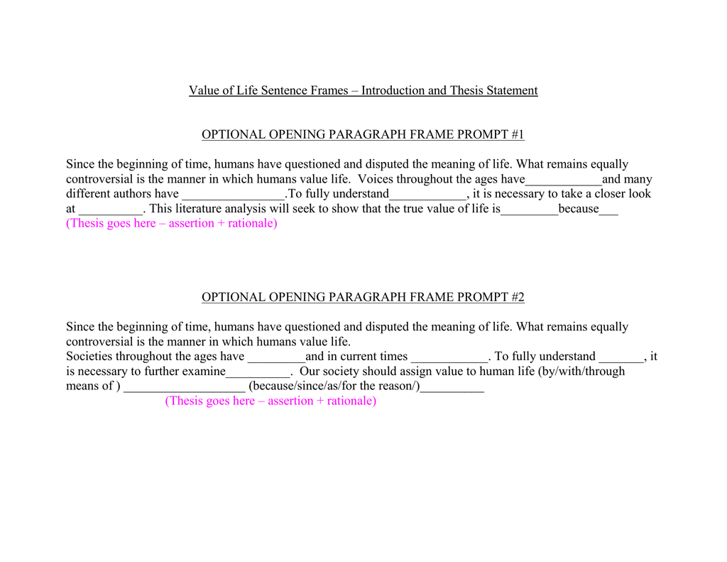 thesis statement sentence frames