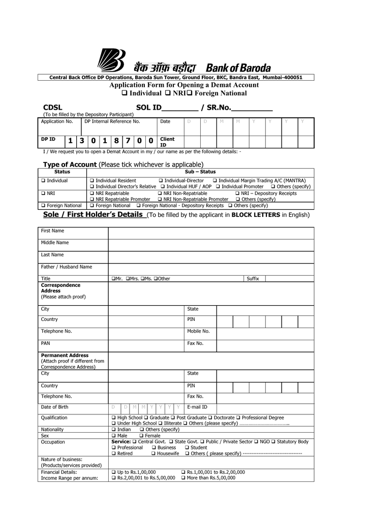 Application Form For Opening A Demat Account Individual 6908