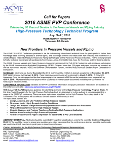 2016 ASME PVP Conference Call for Papers High-Pressure Technology Technical Program