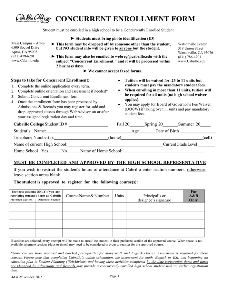 CONCURRENT ENROLLMENT FORM