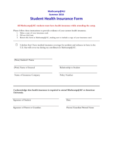 Student	Health	Insurance	Form  Mathcamp@AU Summer	2016