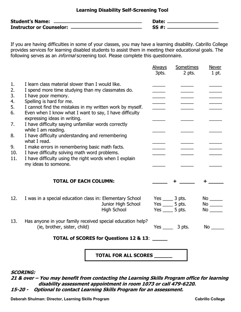 Learning Disability Self-Screening Tool Student’s Name: Date: