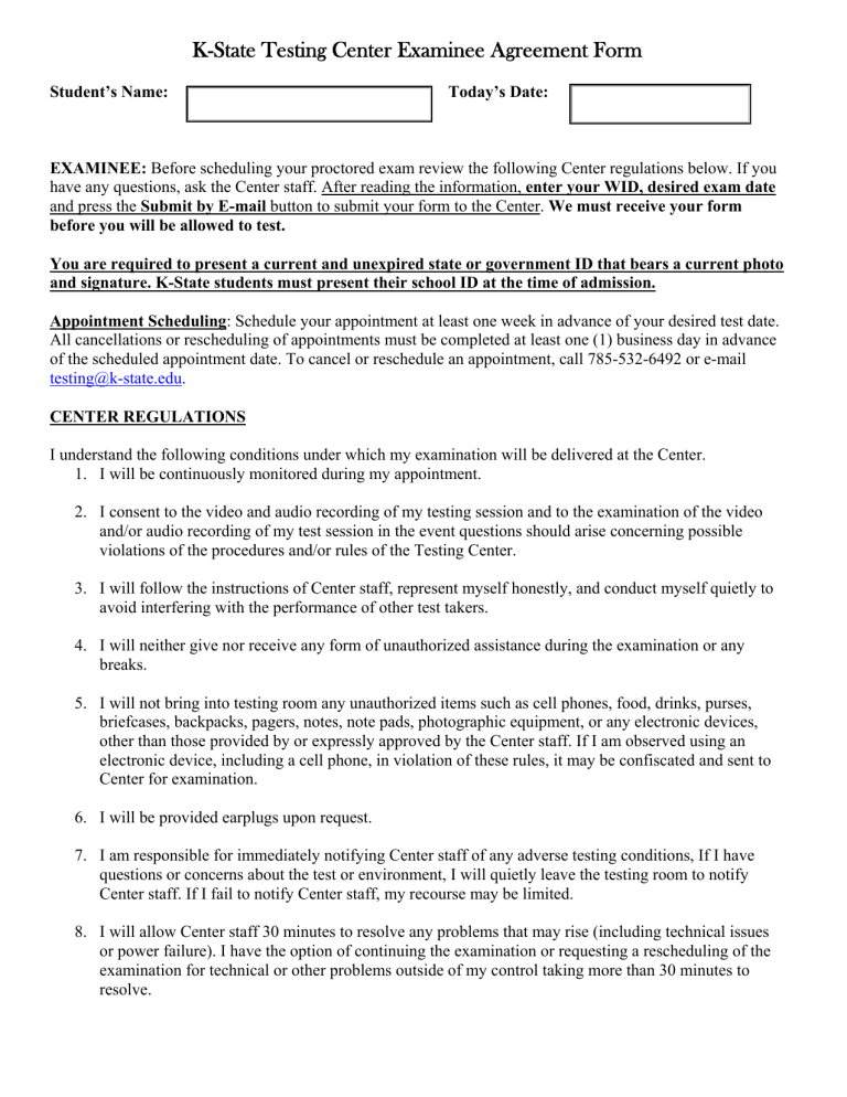 K State Testing Center Examinee Agreement Form