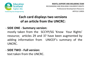 Each card displays two versions of an article from the UNCRC: