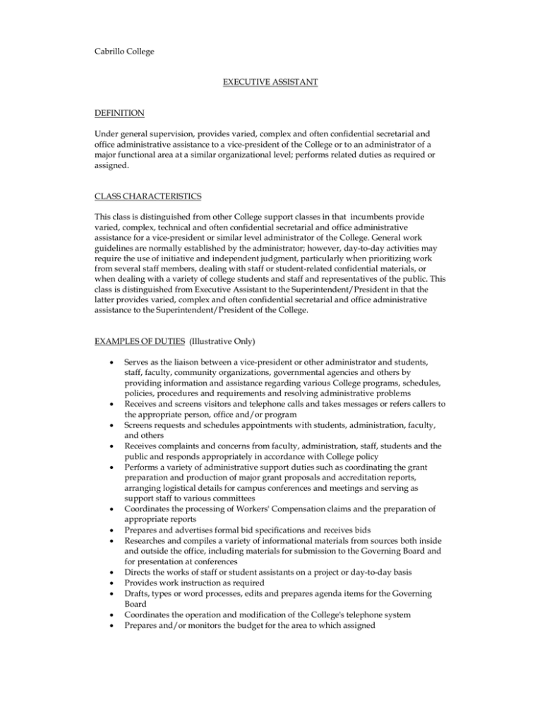 Cabrillo College EXECUTIVE ASSISTANT DEFINITION 