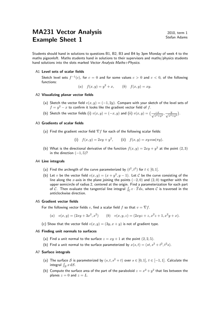 Ma231 Vector Analysis Example Sheet 1