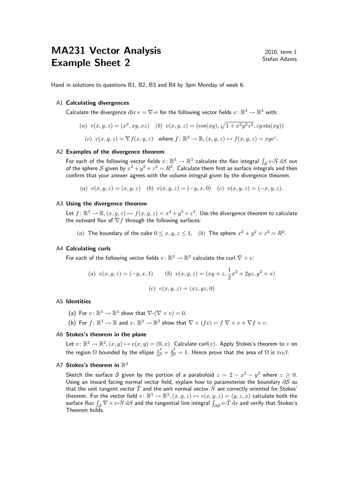 Ma231 Vector Analysis Example Sheet 2