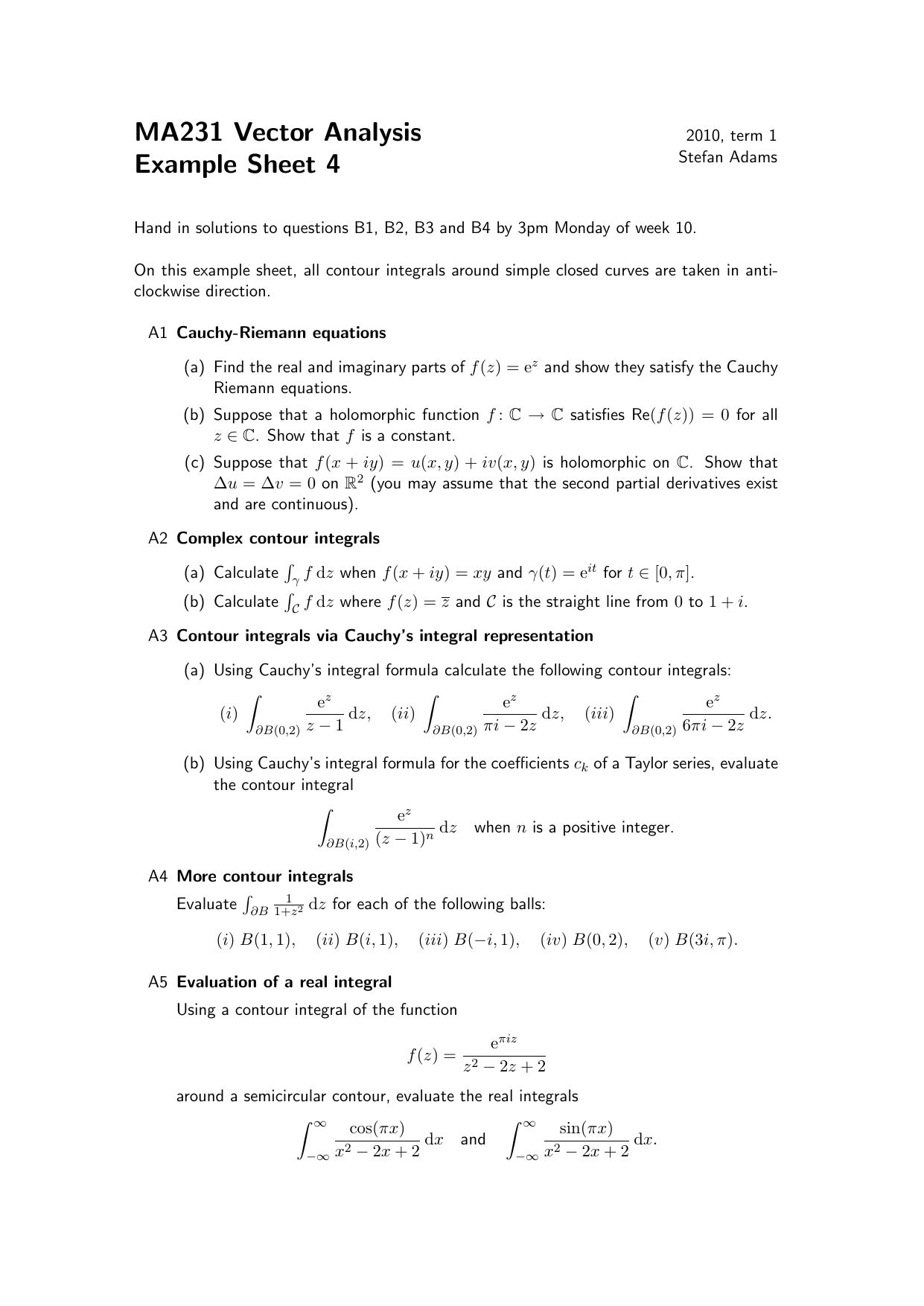 Ma231 Vector Analysis Example Sheet 4