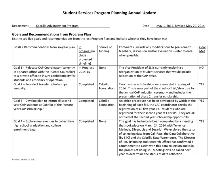 Student Services Program Planning Annual Update