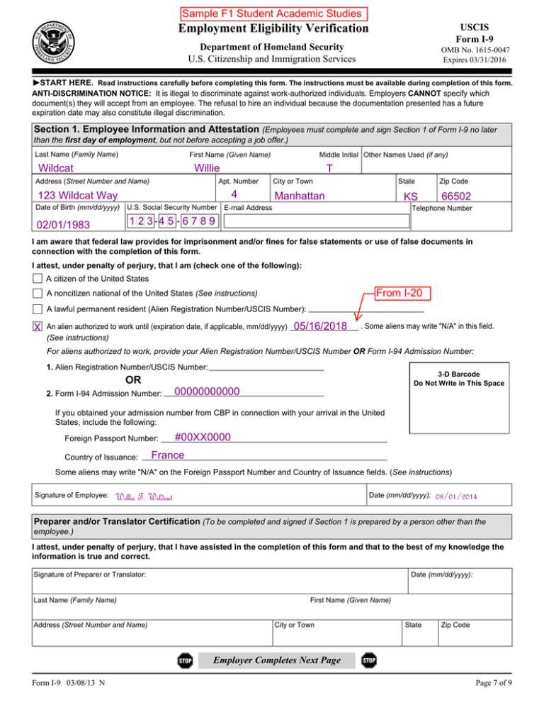 Employment Eligibility Verification Sample F1 Student Academic Studies 