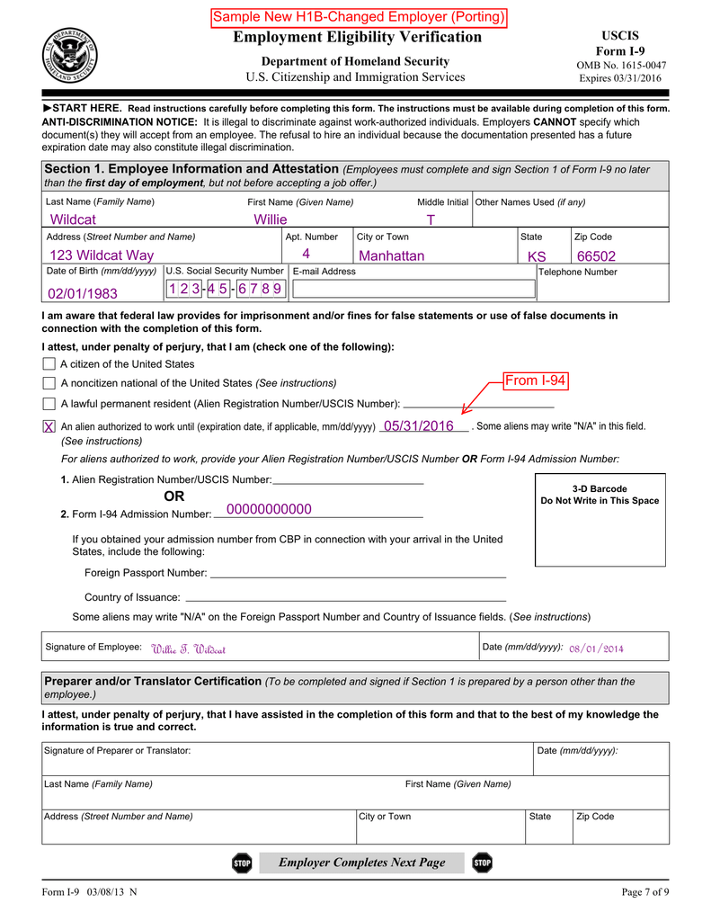 Employment Eligibility Verification Sample New H1B Changed Employer 