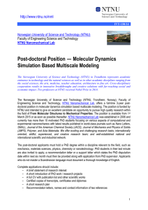 Post-doctoral Position — Molecular Dynamics Simulation Based Multiscale Modeling /www.ntnu.no/n