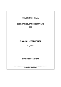 ENGLISH LITERATURE EXAMINERS’ REPORT UNIVERSITY OF MALTA