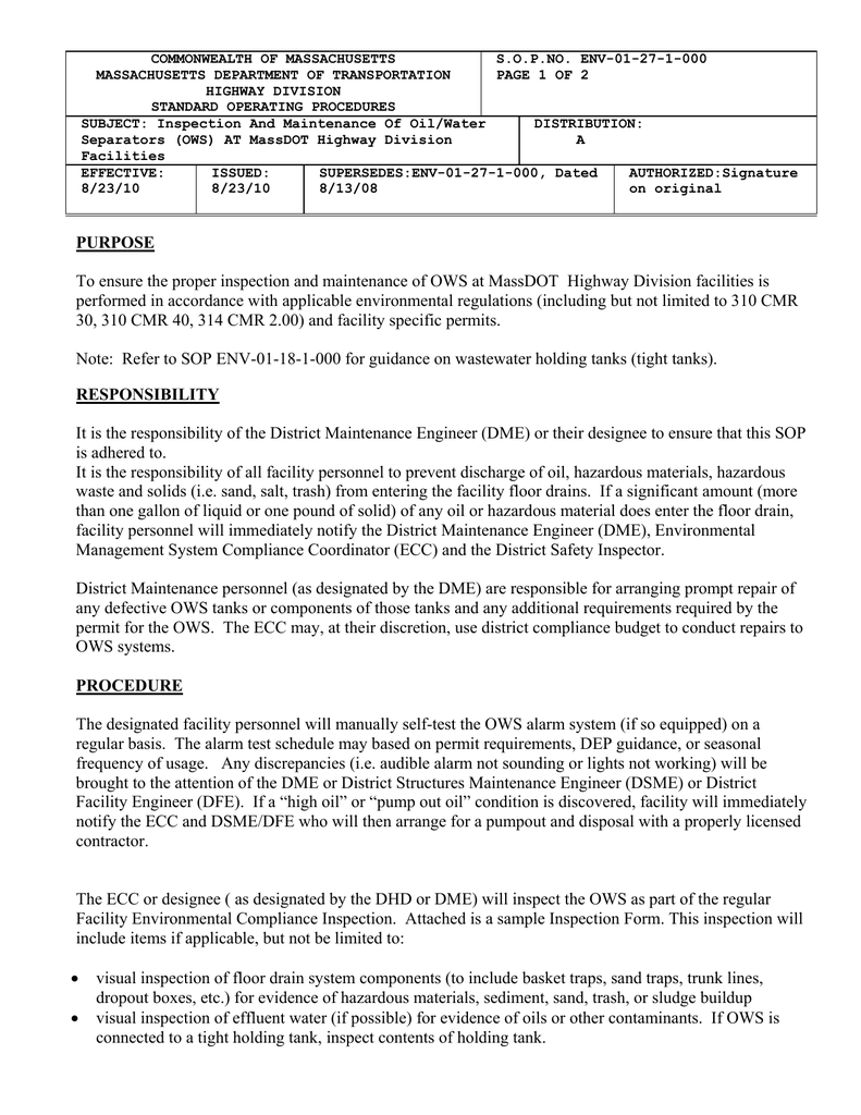 Commonwealth Of Massachusetts S O P No Env 01 27 1 000 Massachusetts Department Of Transportation Page 1 Of 2