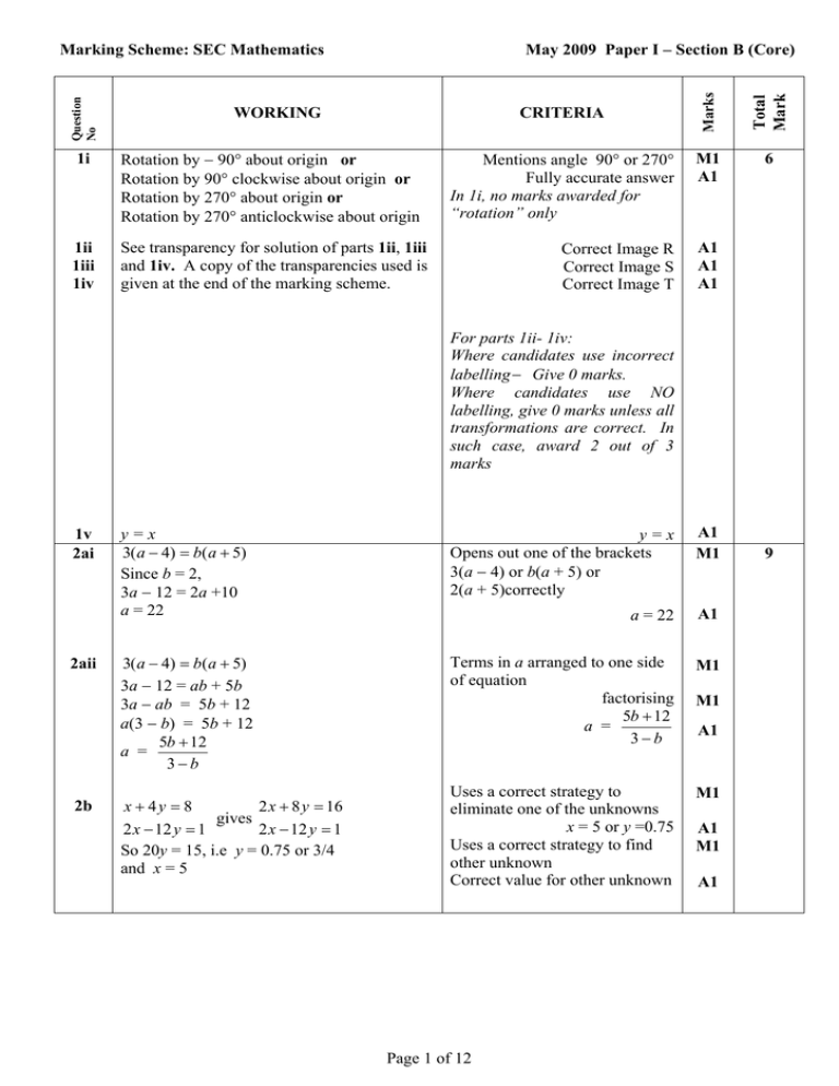 Marking Scheme SEC Mathematics WORKING CRITERIA