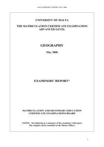 GEOGRAPHY EXAMINERS’ REPORT* UNIVERSITY OF MALTA