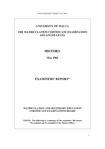 HISTORY EXAMINERS’ REPORT* UNIVERSITY OF MALTA
