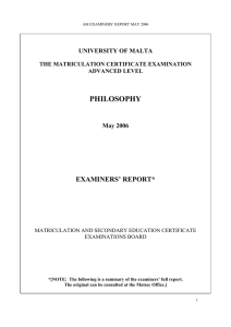 PHILOSOPHY EXAMINERS’ REPORT* UNIVERSITY OF MALTA