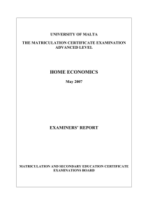 HOME ECONOMICS EXAMINERS’ REPORT UNIVERSITY OF MALTA