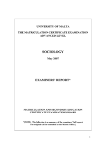SOCIOLOGY EXAMINERS’ REPORT* UNIVERSITY OF MALTA